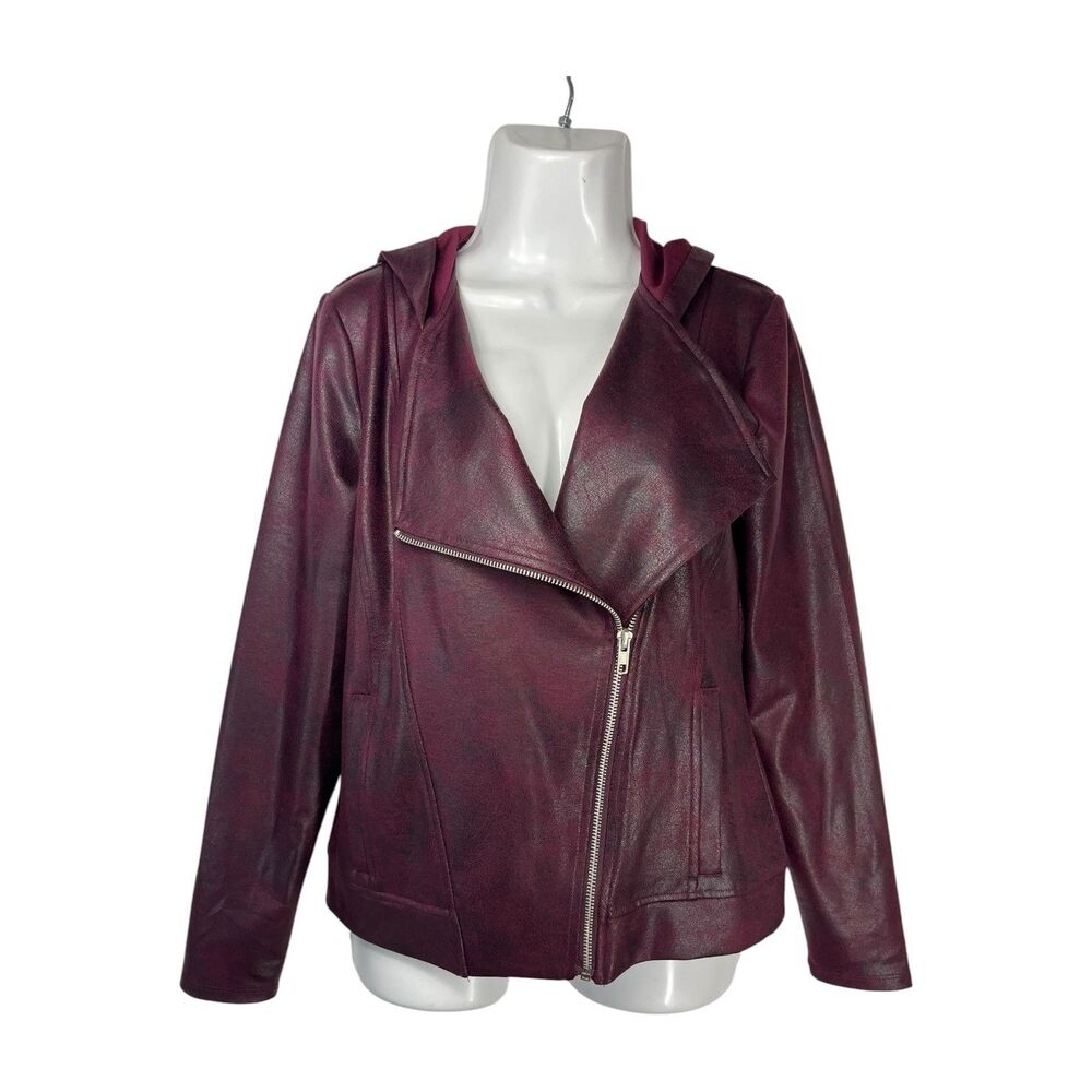 NY&C Women Jacket XS Hooded Maroon Burgundy Faux Leather Asym Zip Edgy Gothic